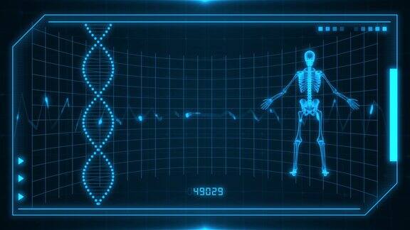 人体骨骼颅骨x射线参数扫描监视器屏幕中间3d发光动画颅骨头部旋转DNA图标分析背景4k保健心理参数人体
