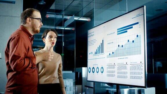 男和女业务同事在会议室讨论统计数据和图表显示在演示电视