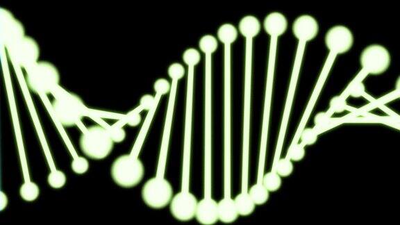 由黑色背景上的粒子组成的发光DNA的2D动画60fps物体位于屏幕的中心并不规则地旋转缩小