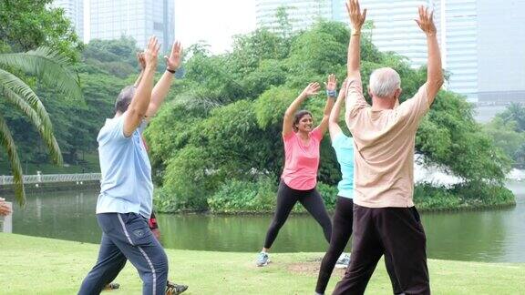 一群活跃的老年人在公园里伸展身体