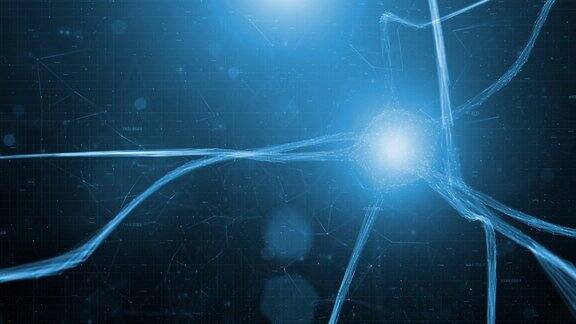 概念艺术蓝色神经元细胞在蓝色抽象散景复制空间动画背景