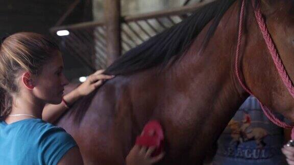一个年轻的女人照顾她的马