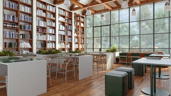 图书馆内部有书架桌子和椅子