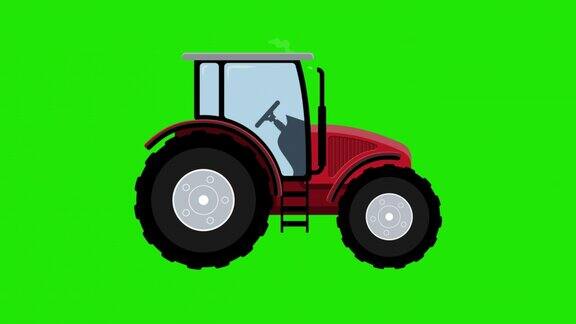 红色拖拉机的动画卡通拖拉机移动在绿色屏幕背景上农用车在路上行驶农业机械农用车平面设计阿尔法通道4k