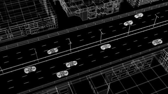 美丽的3d动画数字汽车驾驶在抽象的高速公路与城市建筑环境黑色背景动画的蓝图未来运输技术概念