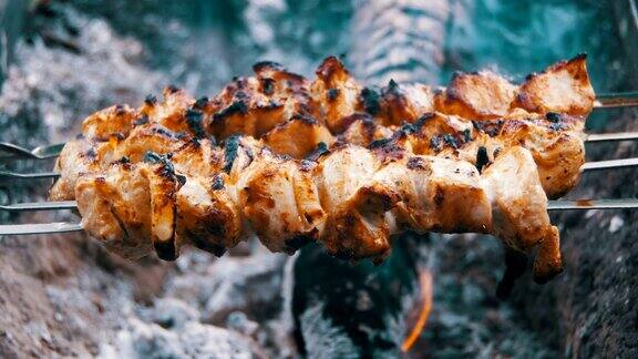 鸡肉串是在大自然的火上烤的
