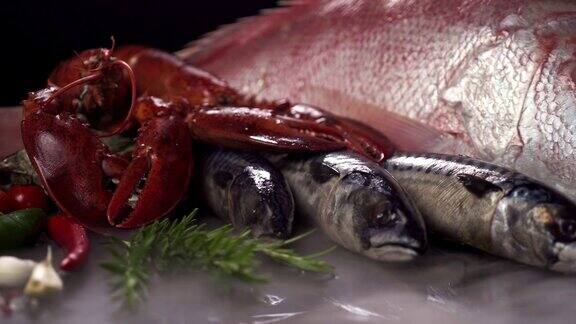 4K超高清:近景多莉右侧的加拿大龙虾鲭鱼和鲷鱼在黑色背景与冰冻的冰烟新鲜豪华海鲜和菜单食谱零售市场概念