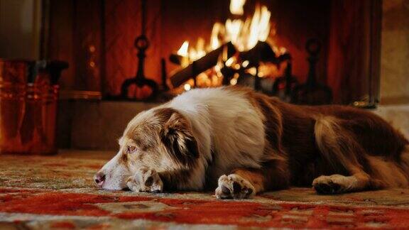澳大利亚牧羊犬躺在靠近壁炉的舒适的房子里