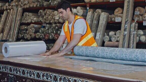 澳大利亚男工人在仓库裁剪地毯的塑料