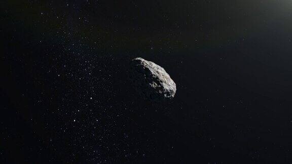 这颗小行星正在太空中飞行星星闪烁小行星旋转并缓慢地向左飞行星空4k3d渲染