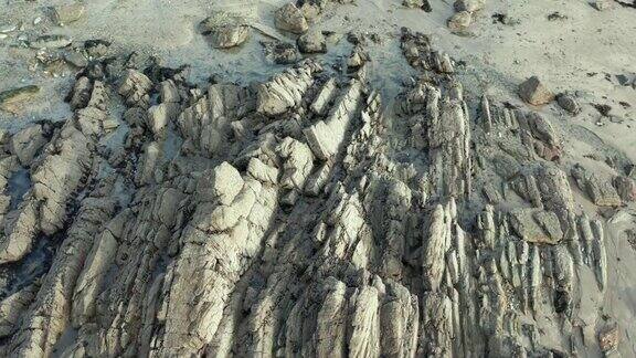 高角度的岩石形成在一个秋天的早晨在低潮的苏格兰海滩