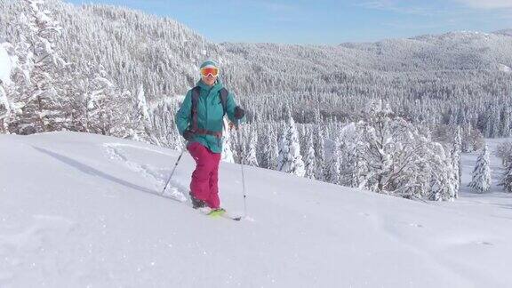 特写:女游客在朱利安阿尔卑斯山滑雪旅游爬上一座雪山