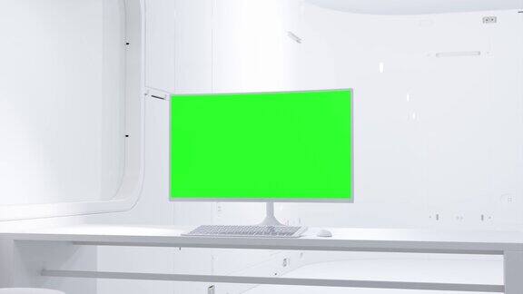电脑背景实验室白色房间的办公桌上有绿色屏幕的电脑模型可用于教育或商业背景