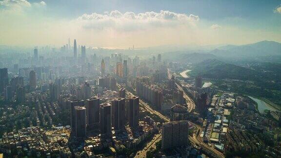 中国艳阳天深圳城市景观香港边境河边航拍全景4k时间推移