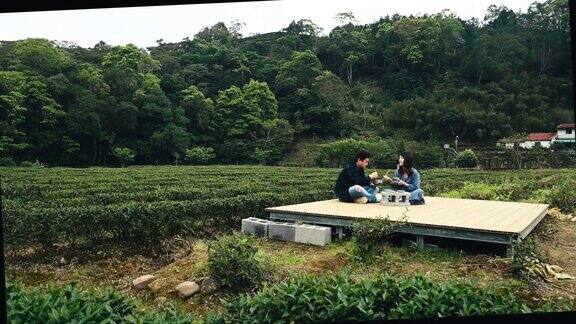 年轻的亚洲夫妇参观茶园