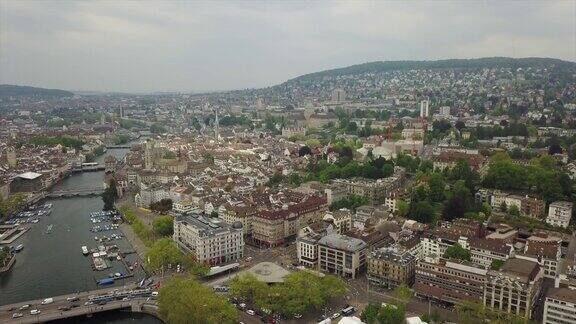 瑞士白天时间苏黎世市景著名的湖畔交通广场航拍全景4k