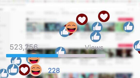 社交媒体进度条的点击量迅速增加到100万次上面有心形图标和笑脸
