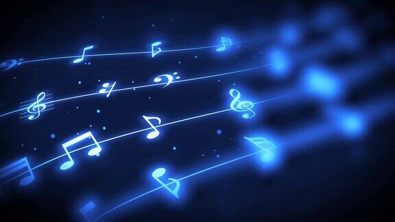 美丽的音乐笔记波与运动模糊和光粒子在蓝色音乐背景无缝循环