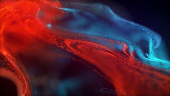红色和蓝色粒子流体在黑色上分离的宏观慢动作镜头颜料在水中混合时会滴下来墨水在水下旋转彩色云抽象烟雾爆炸动画三维渲染