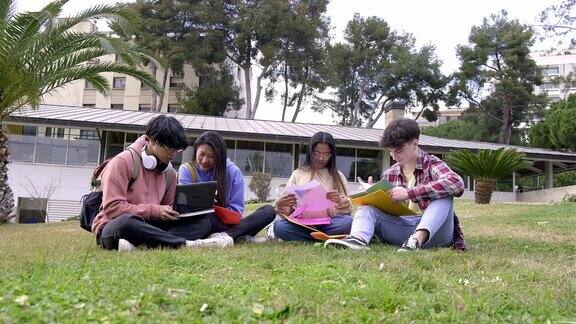 多种族大学生一起坐在校园草地上用笔记本电脑学习的4k视频