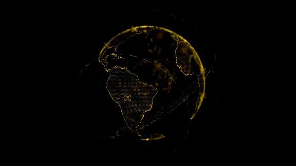 像素3D金色地球在旋转与波粒子行星地球旋转动画未来技术概念与空白为您的文字和标志