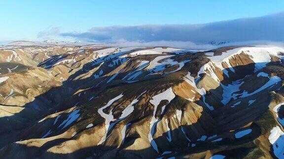 山谷国家公园landmanalaugar的4k航拍平缓的山坡上是雪原和冰川壮丽的冰岛在夏天