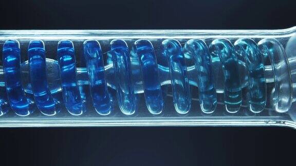蓝色液体物质流过一个螺旋形玻璃烧瓶