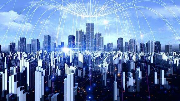 摩天大楼拔地而起形成无线网络的大都市