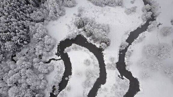 4k在云雾之上飞行在冰冻的森林中狂野蜿蜒的河流北方多雪的冬天航拍全景