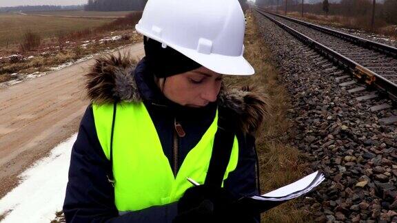 女铁路工程师在铁路附近写作和思考