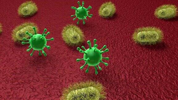 三维动画微世界(放大致病性微生物和病毒)的表面安全卫生理念