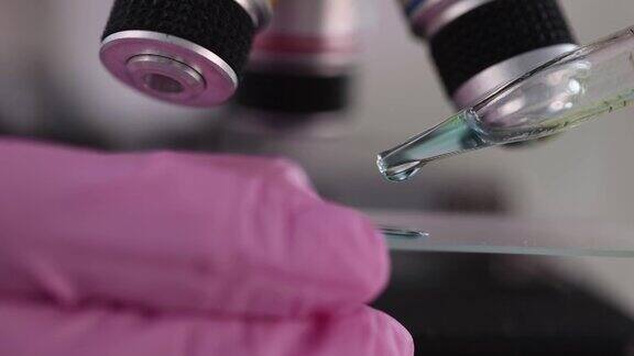 生物技术实验室的科学家将液体滴在玻片上