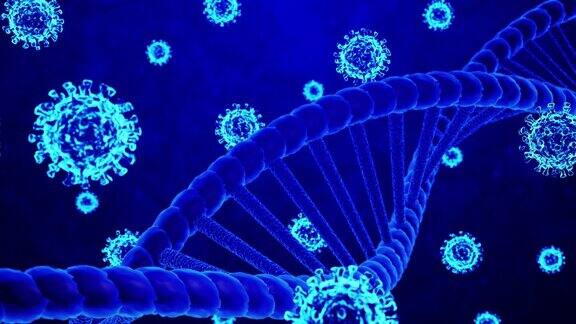 三维绘制冠状病毒COVID-19和DNA螺旋模型悬停在抽象移动蓝色背景