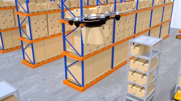 仓库机器人和携带货物的无人机