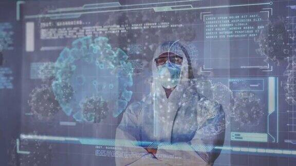 戴口罩的男医生的病毒细胞动画和数字接口
