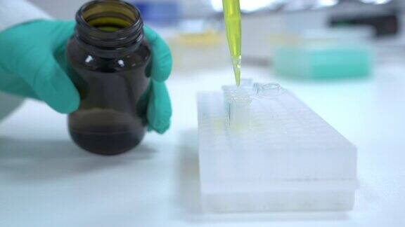 戴橡胶手套的科学家在实验室做尿检