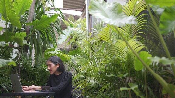 4K亚洲妇女在笔记本电脑上工作喝着咖啡在花园里