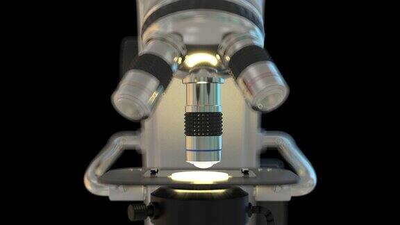 4K概念医学剪辑艺术-现代电子科学显微镜前视图与散景效果-隔离在黑屏背景超高清60帧秒3D动画
