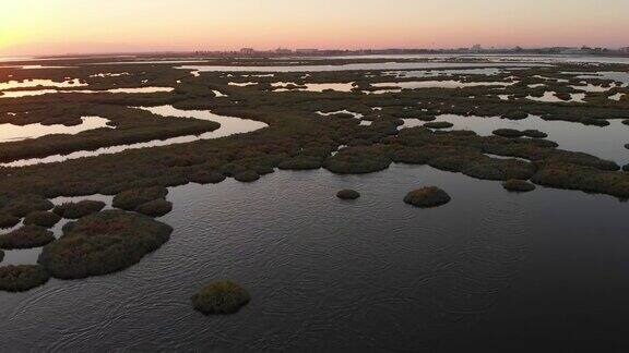 日落时的湿地和火烈鸟鸟瞰图