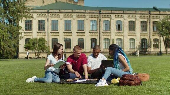 大学生坐在绿色的草坪上学习