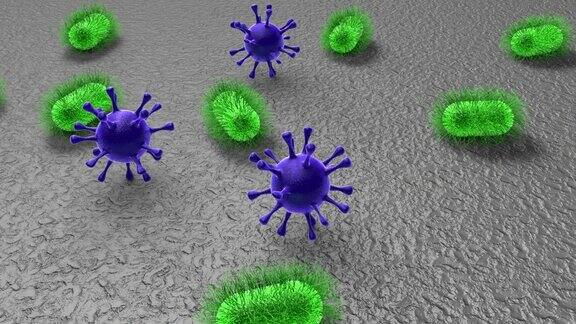 三维动画微世界(放大致病性微生物和病毒)的表面安全卫生理念