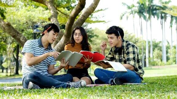 一群年轻的大学生坐在公园外面的草地上看书