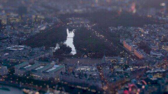 英国伦敦通往白金汉宫的林荫大道鸟瞰图具有倾斜位移微缩图像效果4k