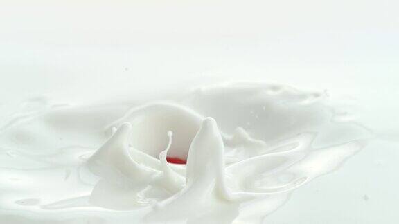 覆盆子落入奶油牛奶中在微距和慢动作中产生漩涡飞溅