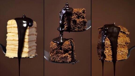 巧克力蛋糕放在叉子上浇上巧克力酱层叠蛋糕在棕色背景上拼贴多屏幕