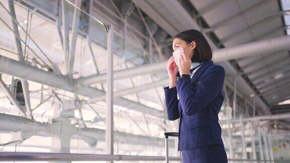 新冠肺炎疫情期间戴口罩的空姐或空乘人员在机场候机楼步行前往飞机以预防新冠肺炎感染航空运输的新常态生活理念