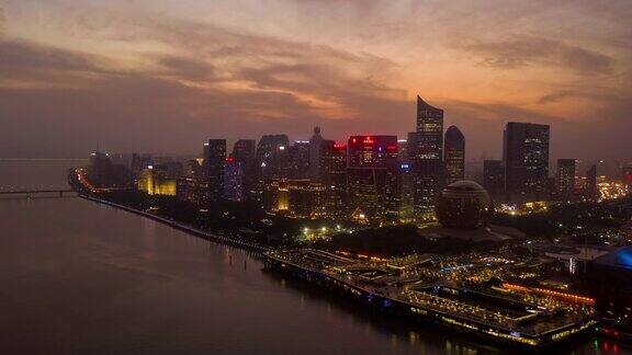 日落天空照明杭州市区滨江湾航空延时全景4k中国