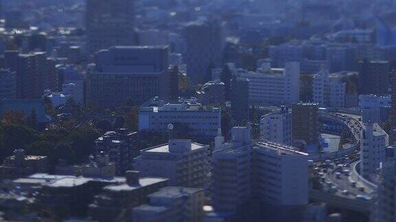 一个微型的城市景观在东京的城市白天高角度倾斜