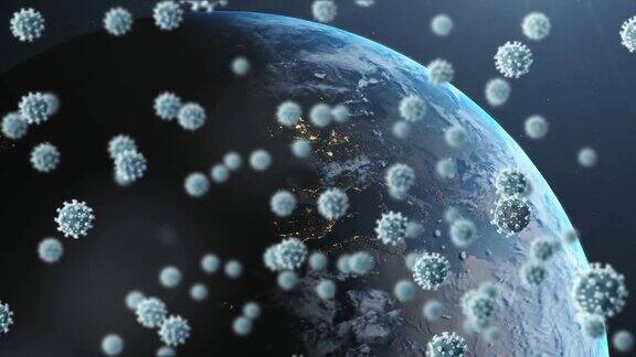新冠病毒细胞漂浮在地球上的动画