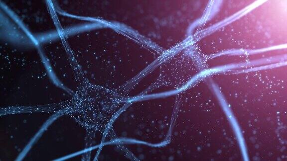 艺术闪亮的蓝色神经元细胞在大脑暗紫色动画背景